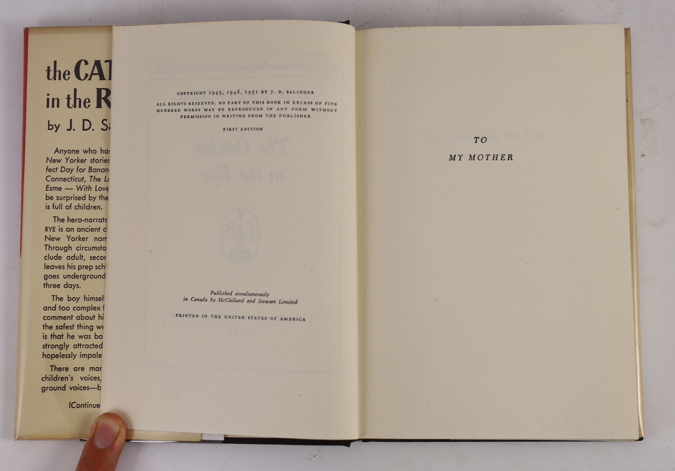 Salinger, Jerome David - The Catcher in the Rye, 1st edition, 8vo, original gilt-stamped black cloth, in 1st issue unclipped d/j printed in red, black and yellow, with photo portrait of the author by Lotte Jacobi on rear